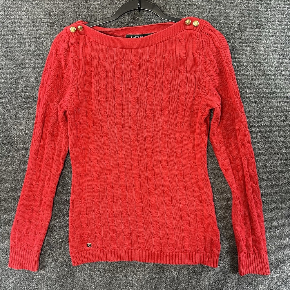 Lauren Ralph Lauren Red Cable Knit Cotton Boat Neck Button Sweater Womens M